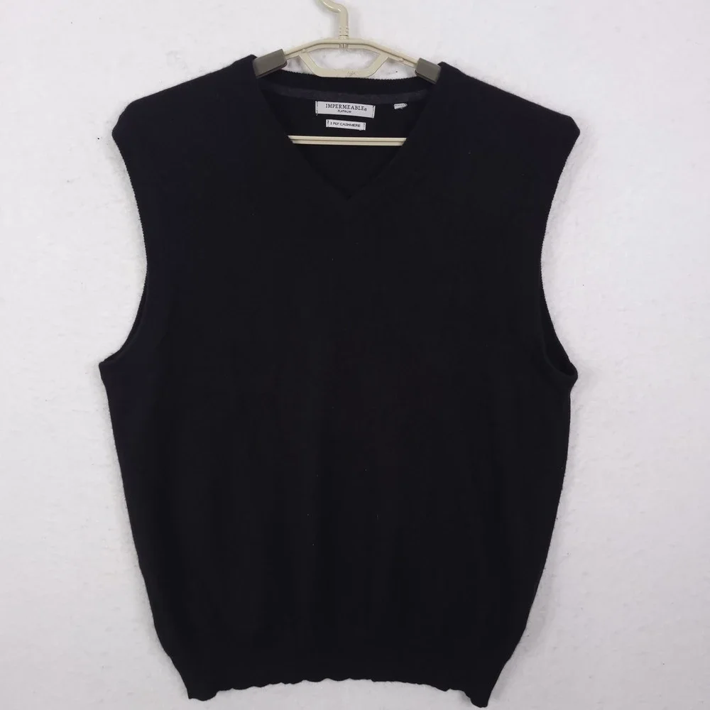 Impermeable Platinum Sweater Vest Mens L Black 2 Ply Cashmere V-Neck Luxury